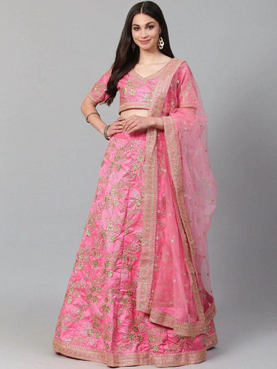 Pink Semi-Stitched Myntra Lehenga & Unstitched Blouse with Dupatta
